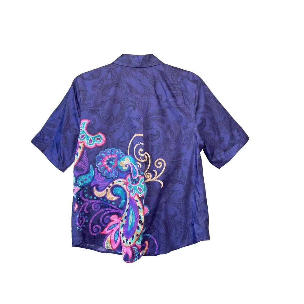 Chicos No Iron Shirt Womens Size 1 US 8/10 Blue Artsy Short Sleeve Double Sided